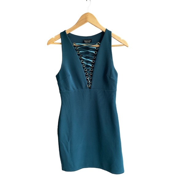 TopShop Old Money Blue BodyCon Dress W/ Deep V (6) - Picture 10 of 11